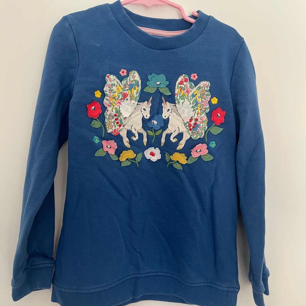 Mini Boden Blue Sweatshirt with Colorful Unicorns and Flowers